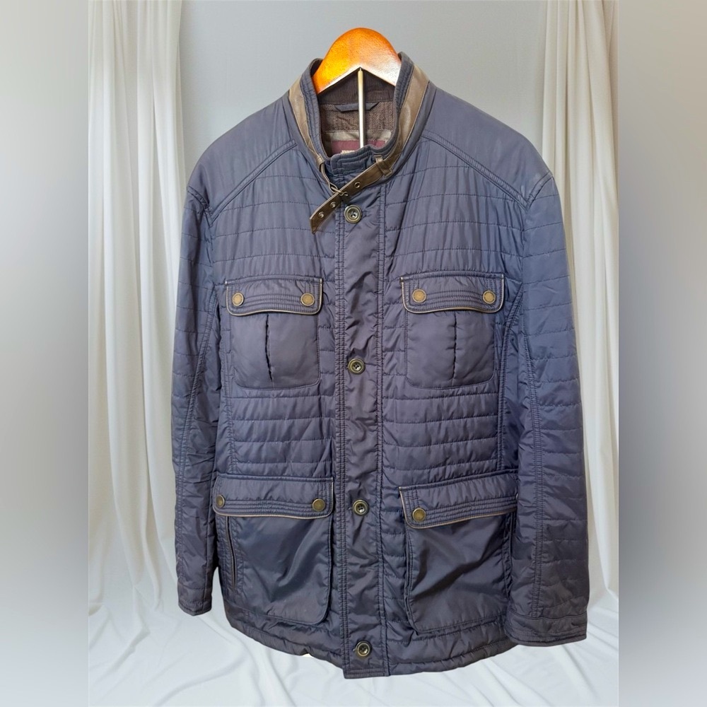 Johnston & Murphy Quilted Puffer Corduroy Collar Navy/Brown Coat Jacket-XL